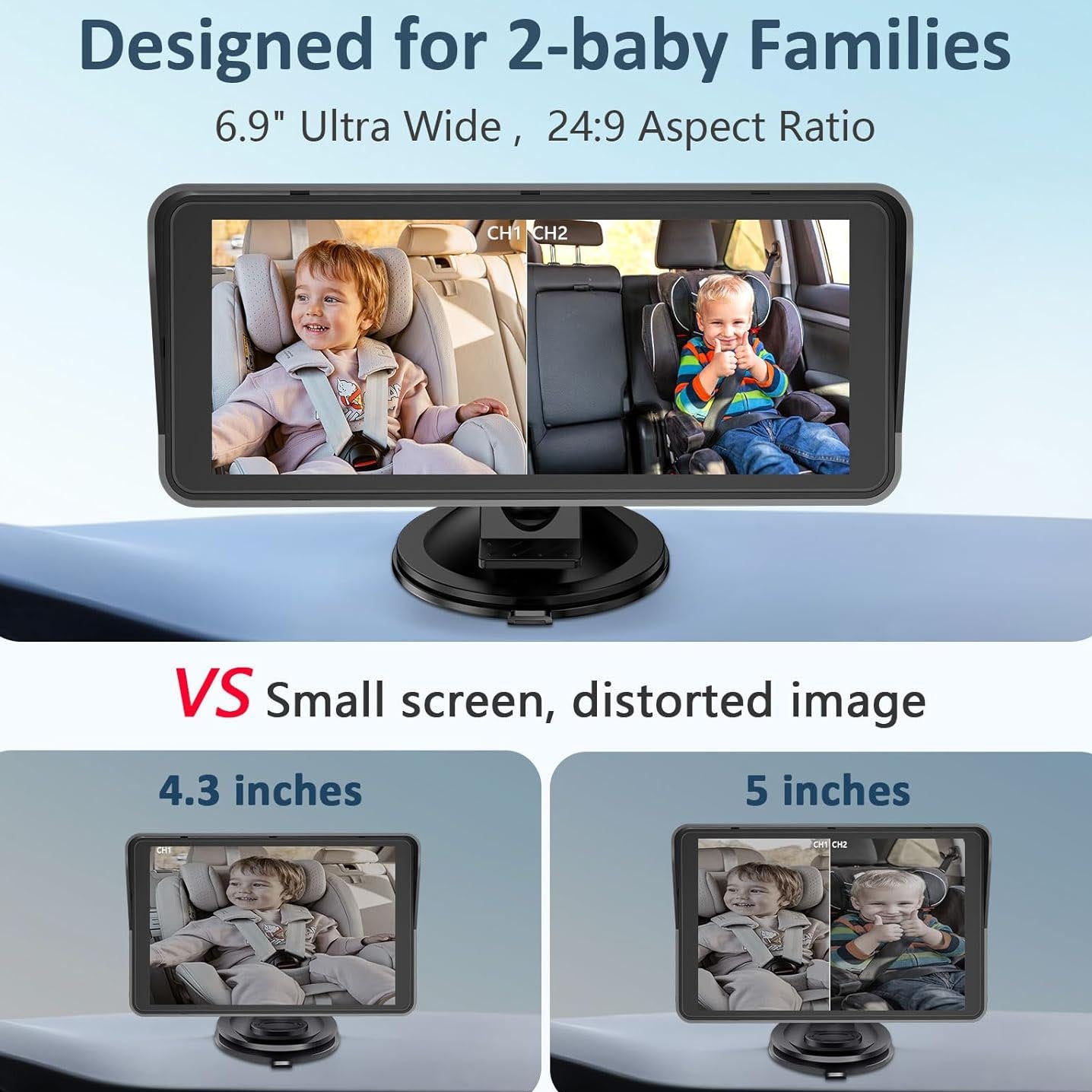 Dual Child Car Camera – 6.9" Ultra-Wide Screen with Two Rear Cameras