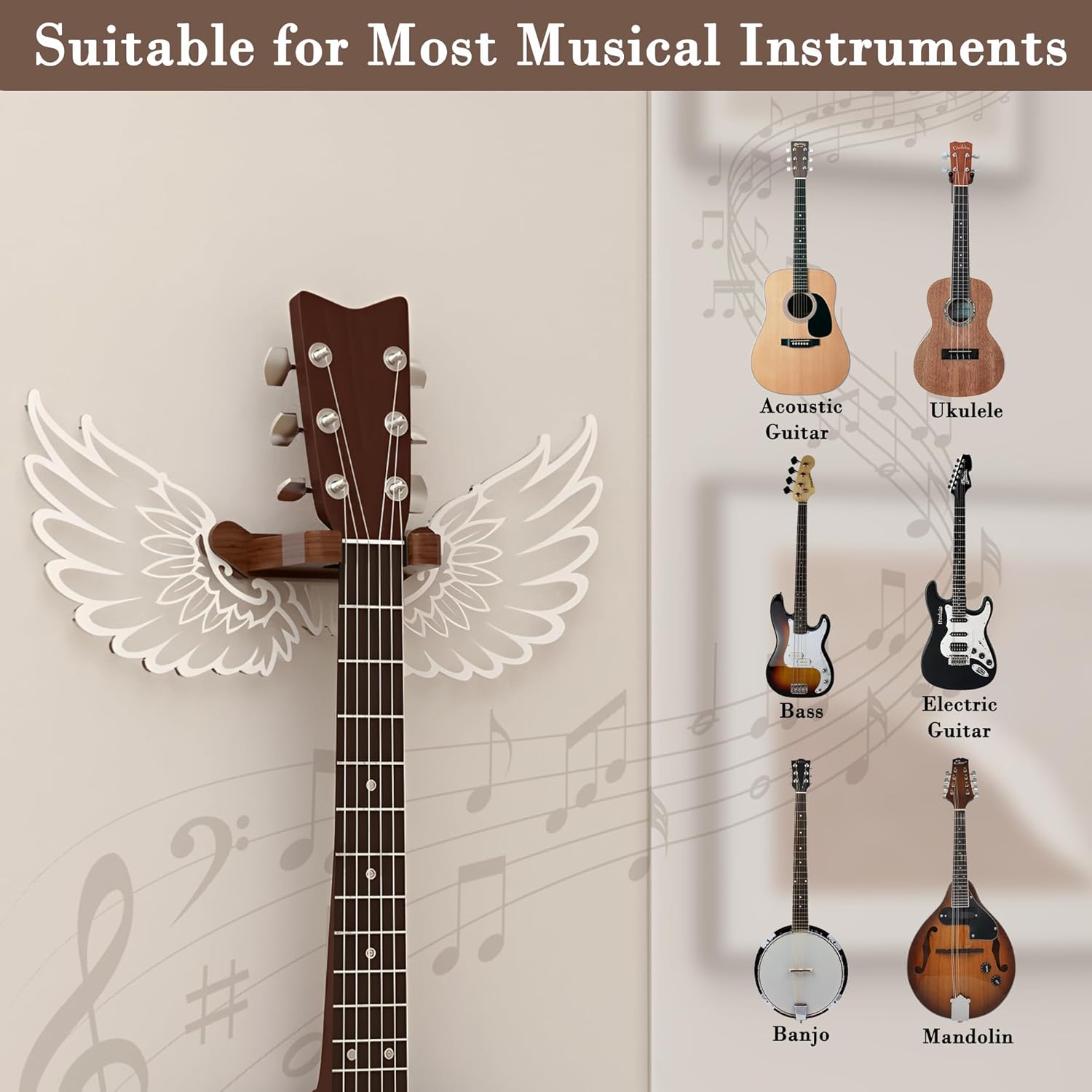 Guitar Stand Wall Mount with Luminous Angel Wings – Acrylic Wooden Guitar Hanger Shelf