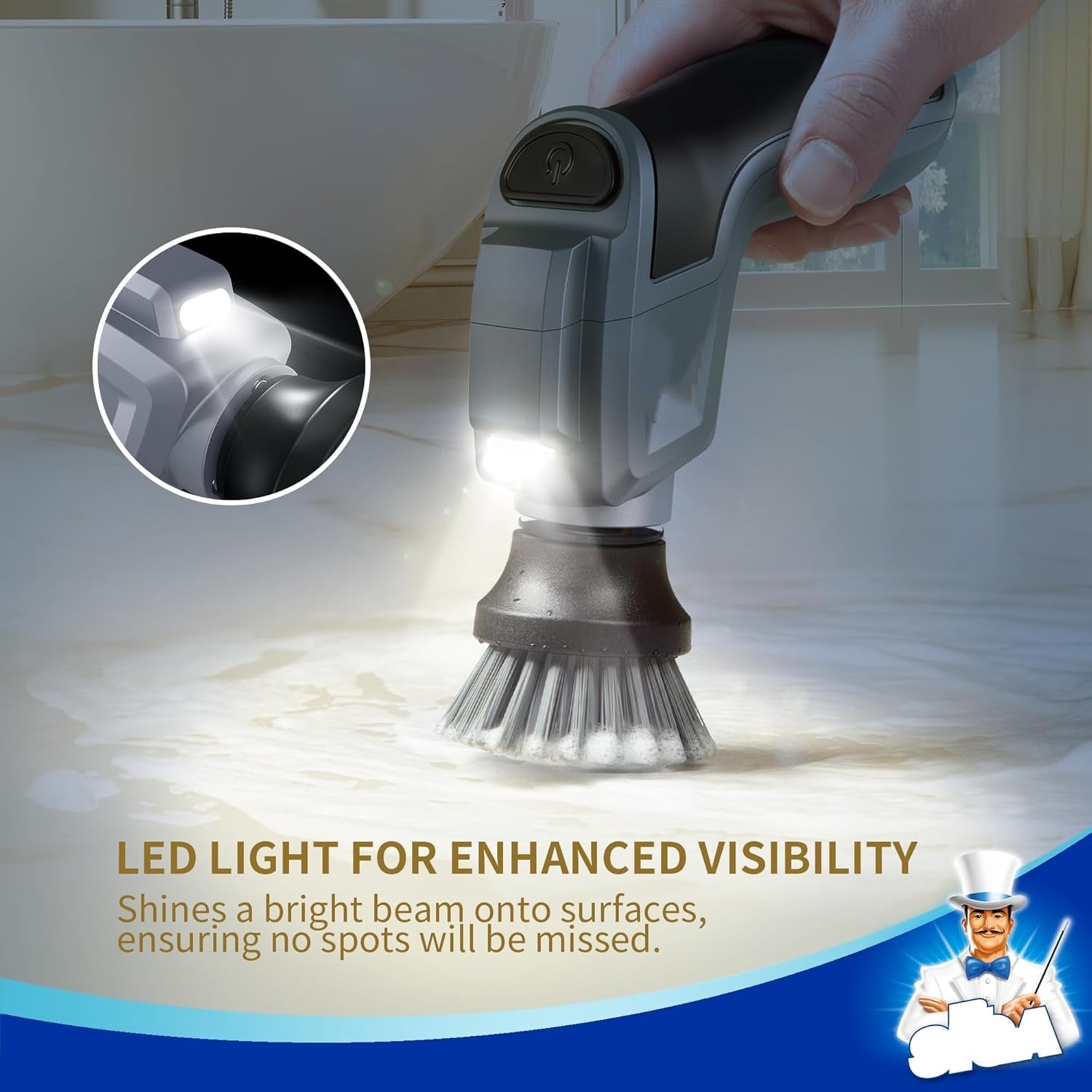 Electric Spin Scrubber – Cordless, Waterproof, LED Light, 5 Replaceable Brushes & Pads