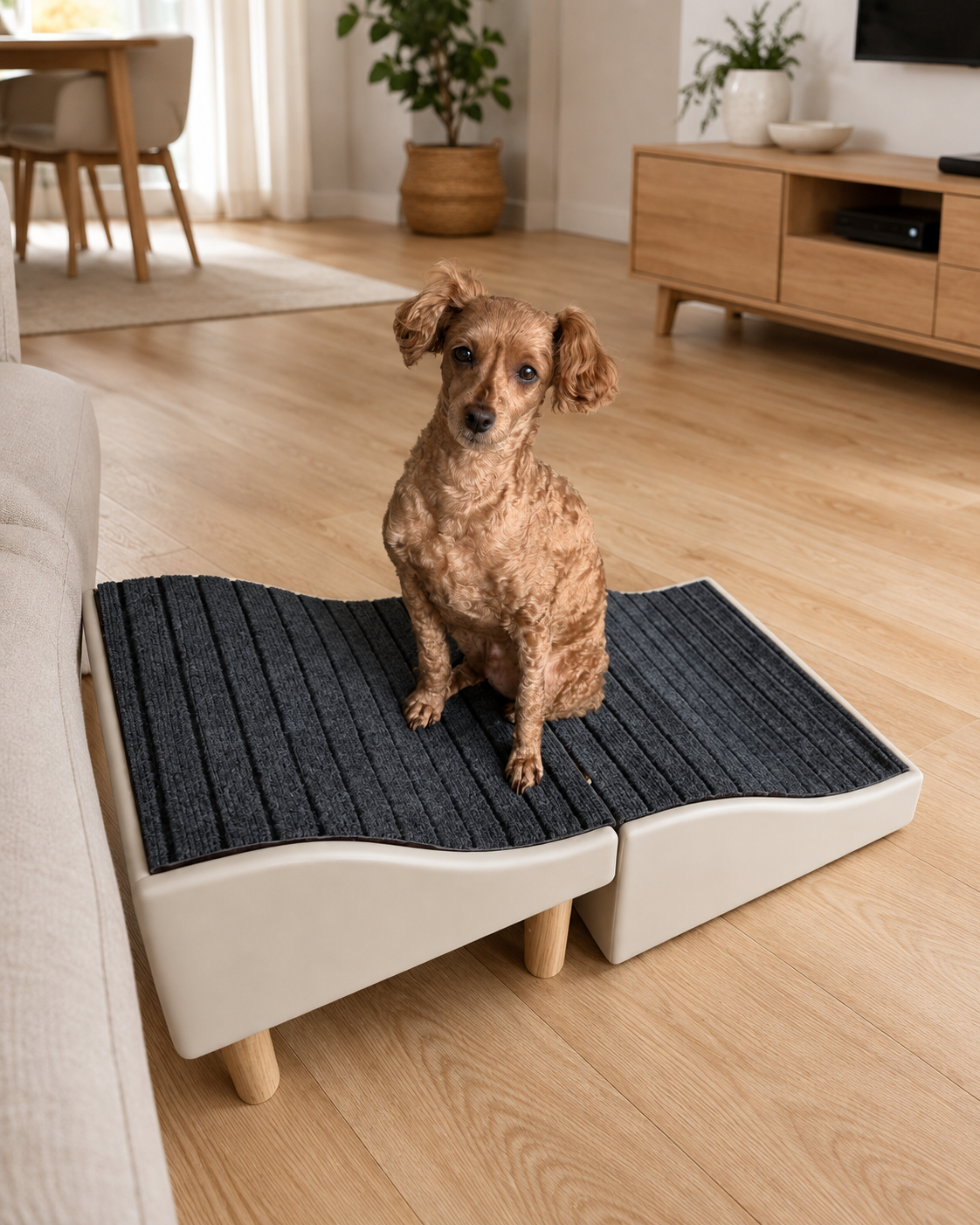 Dog beside sofa ramp