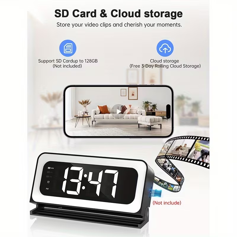 Smart Alarm Clock Camera – WiFi Indoor Monitor with Night Vision