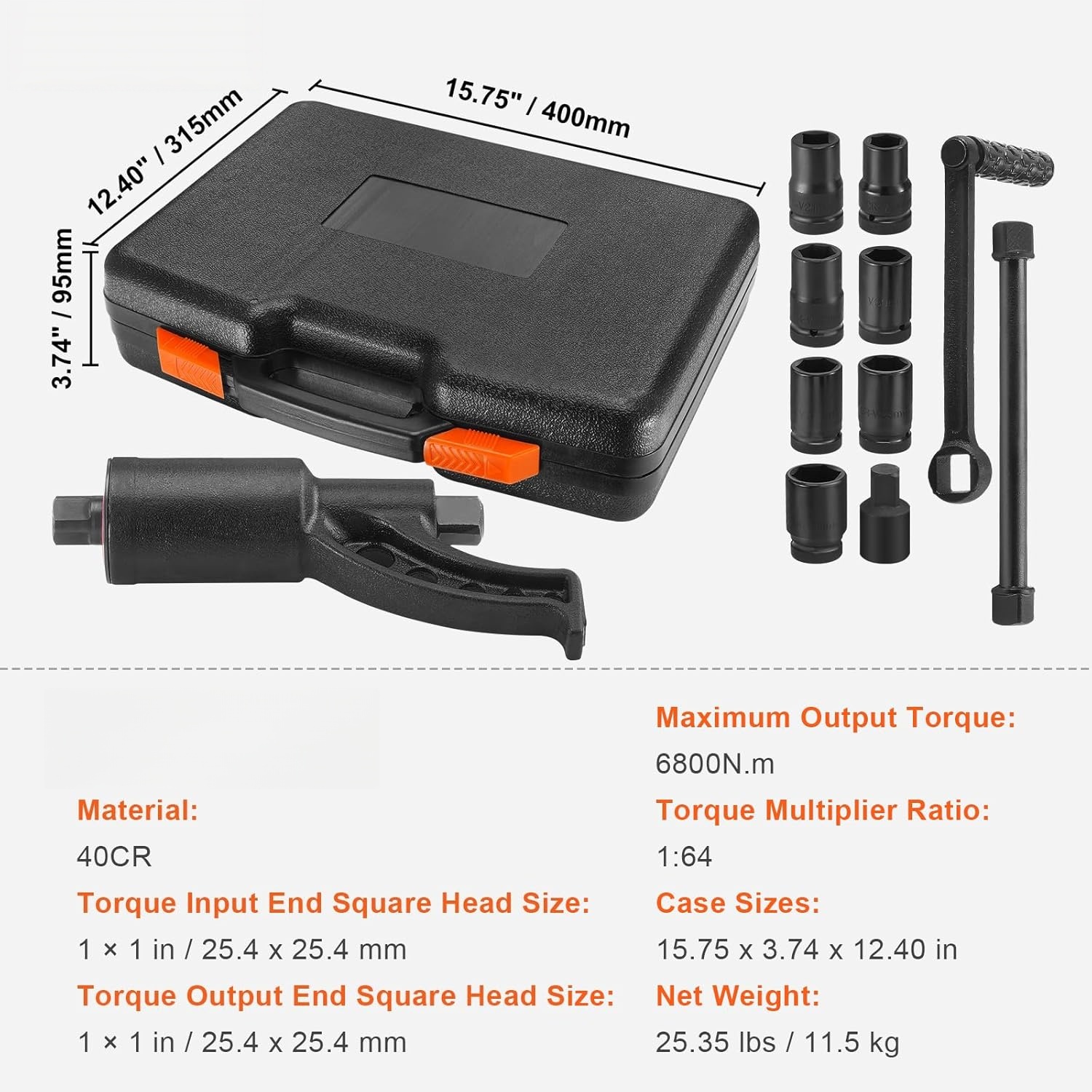 Torque Multiplier – 1:64 Gear Ratio, 6,800N·m Output, 8 Sockets (24-38mm), Storage Case