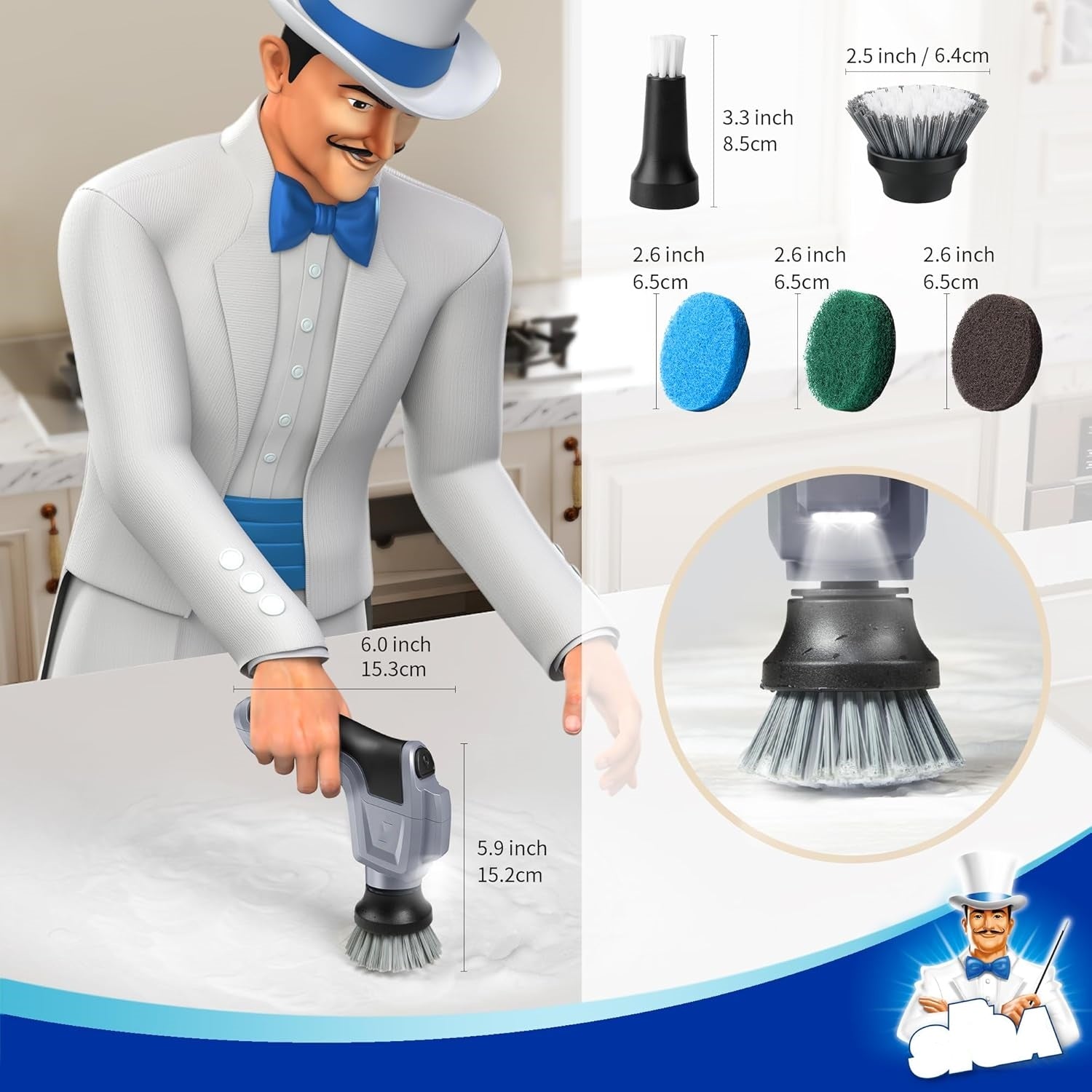 Electric Spin Scrubber – Cordless, Waterproof, LED Light, 5 Replaceable Brushes & Pads