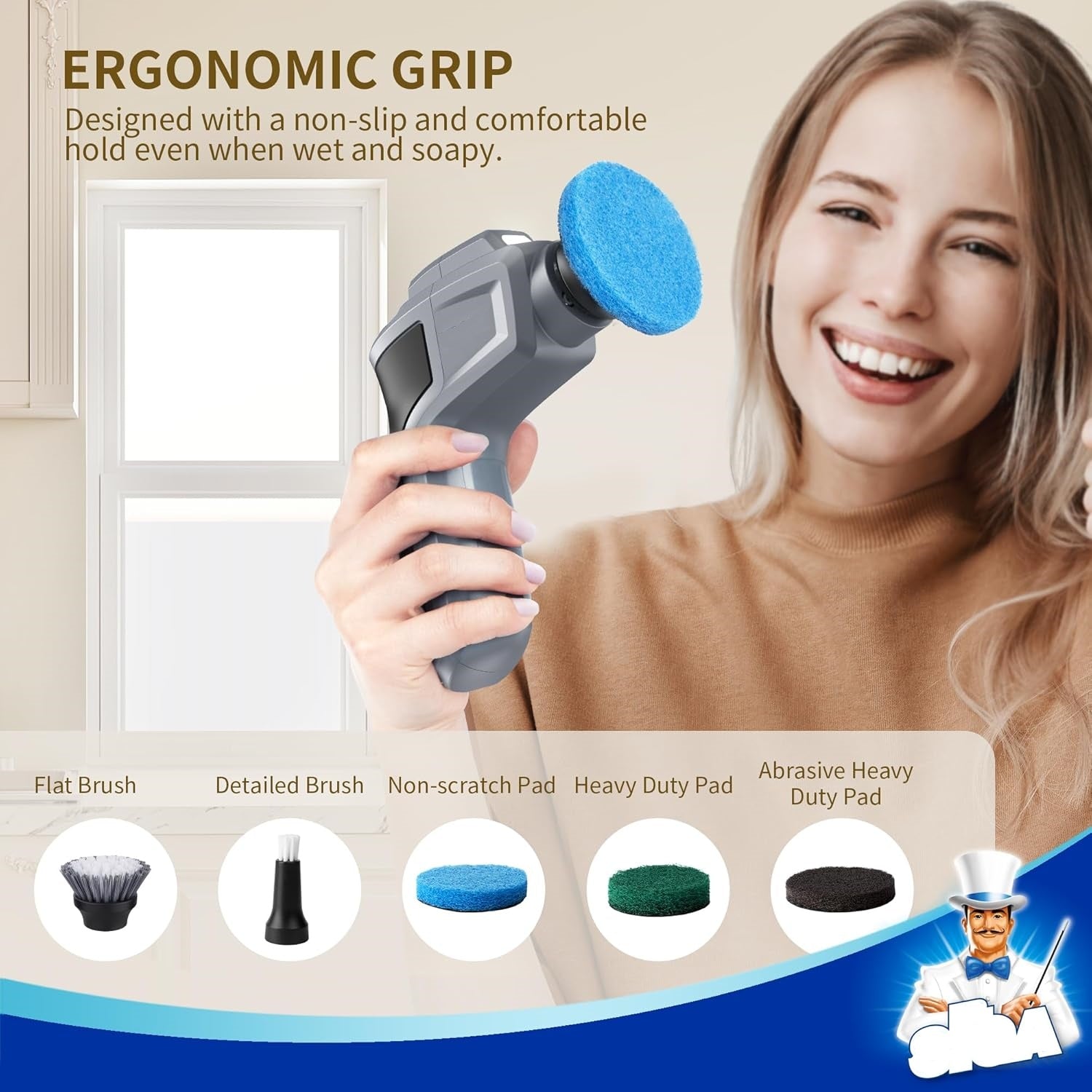 Electric Spin Scrubber – Cordless, Waterproof, LED Light, 5 Replaceable Brushes & Pads