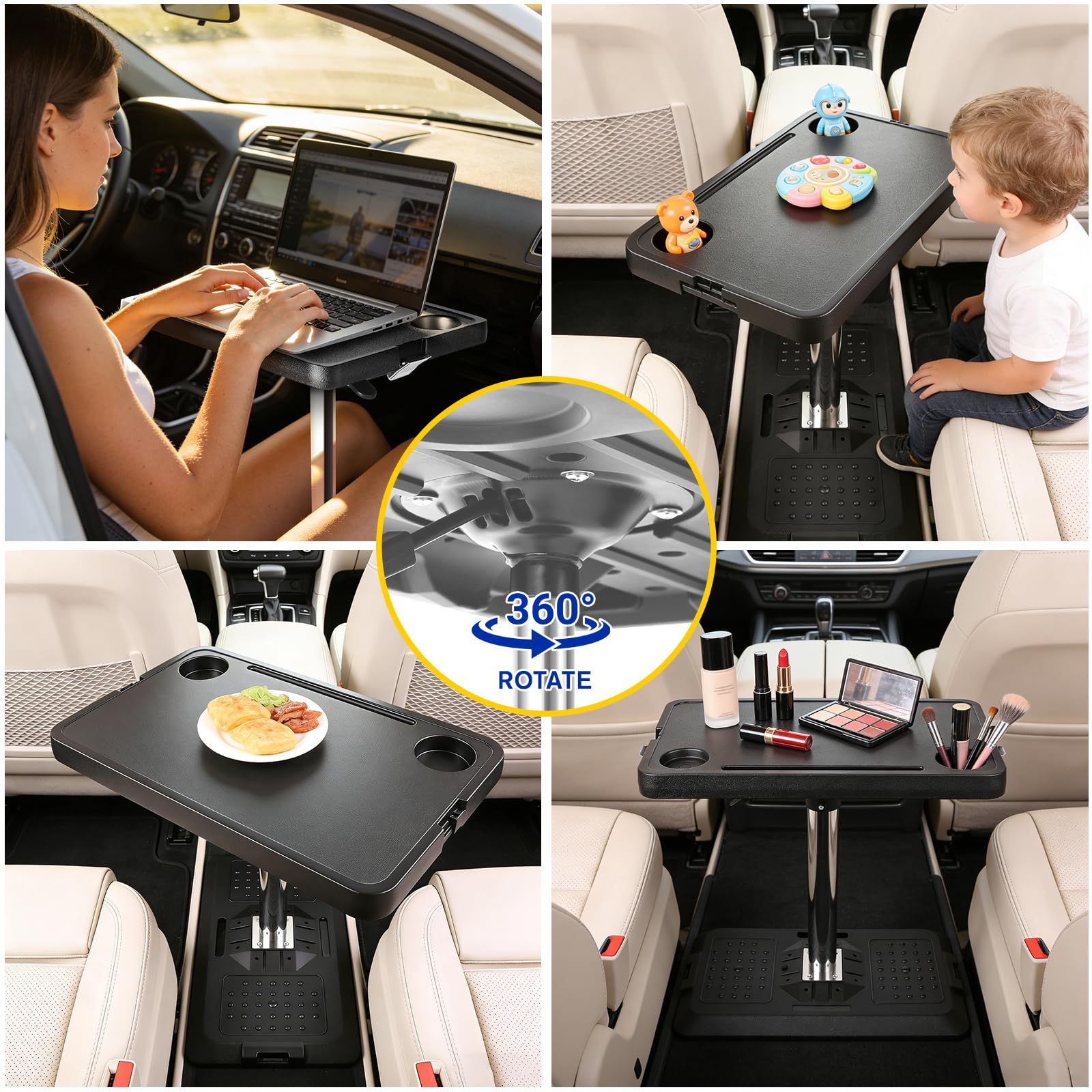 Adjustable Car Seat Tray Table – 360° Rotating, Fits 99% of Vehicles, Foldable