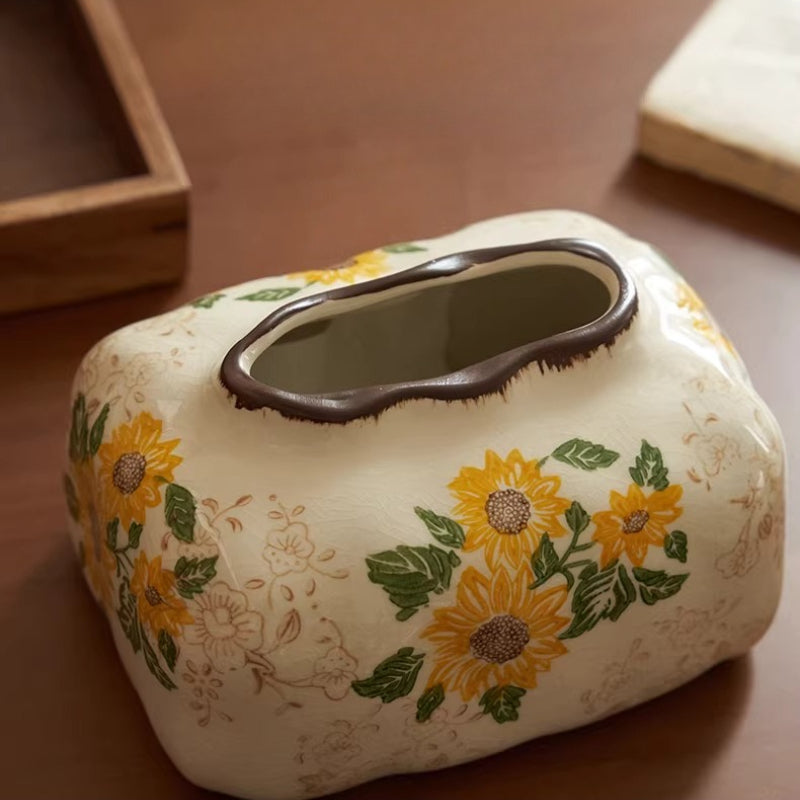 Vintage Sunflower Ceramic Tissue Box Cover – Elegant Farmhouse Decor For A Cozy Home