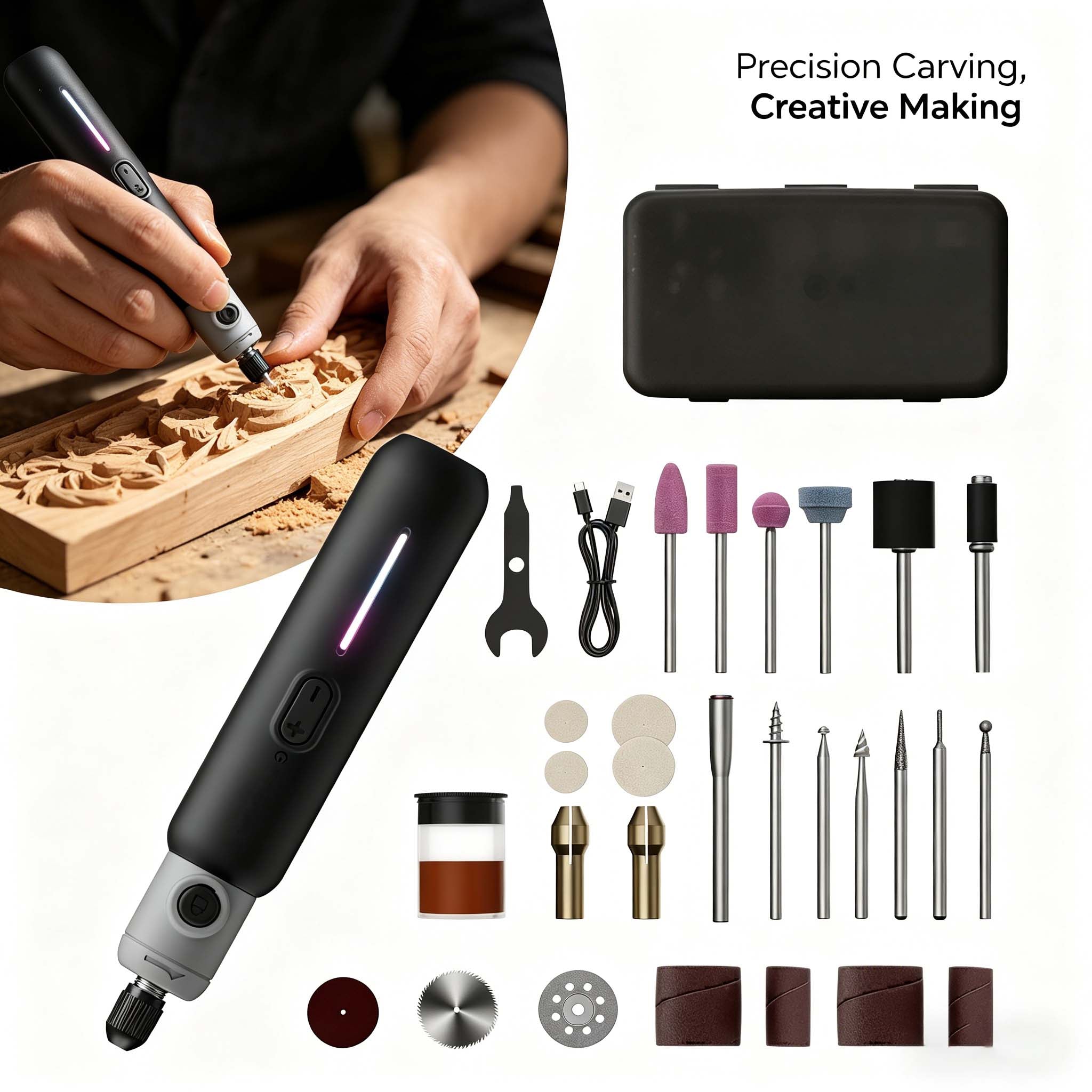 Precision rotary tools for machining and maintenance, engraving pens