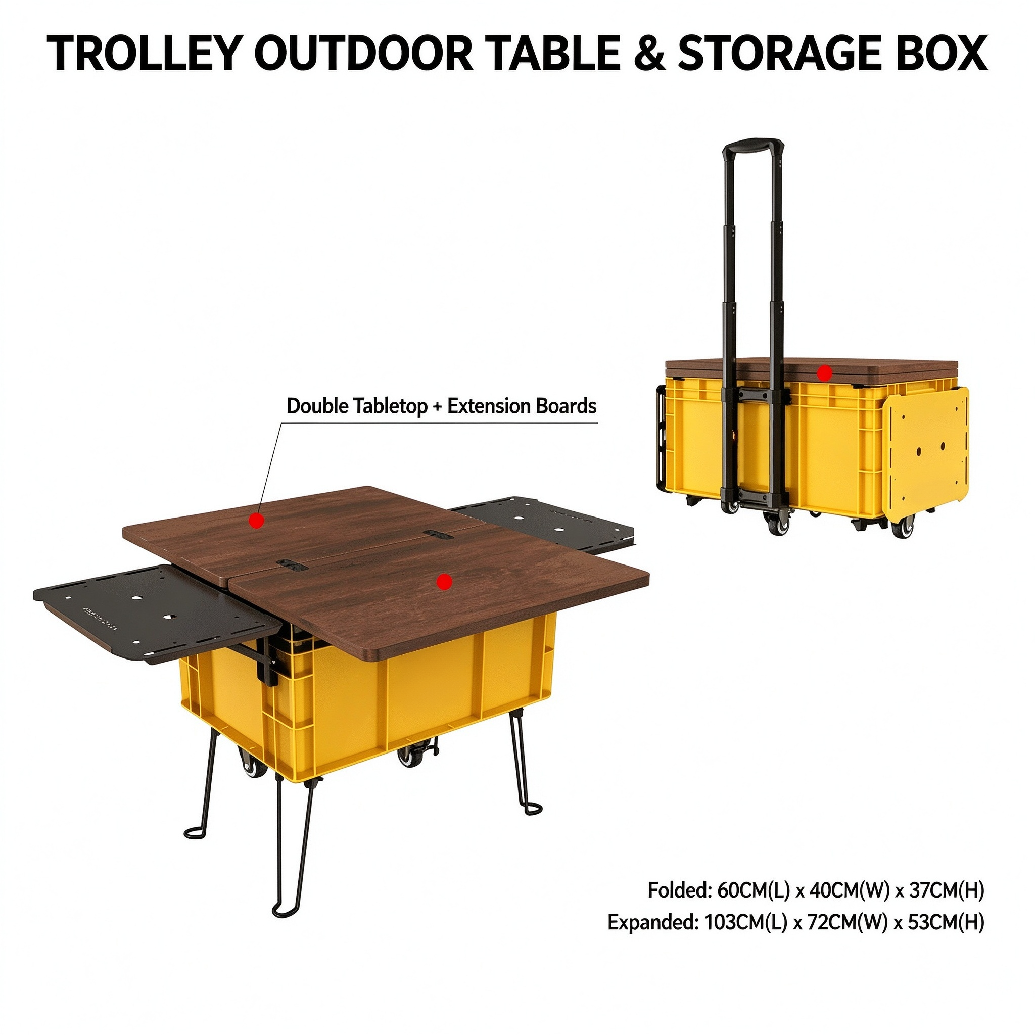Rolling Camping Table and Storage Box – 3-in-1 Folding Cart with Expandable Tabletop
