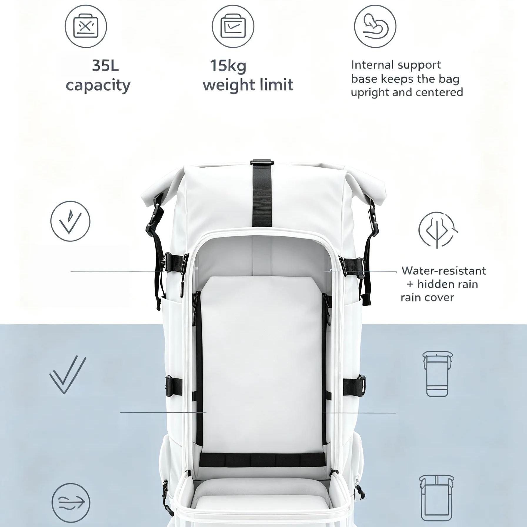 Floating Bike Backpack – 35L Roll-Top, No Rear Rack, 10-Second Quick-Release