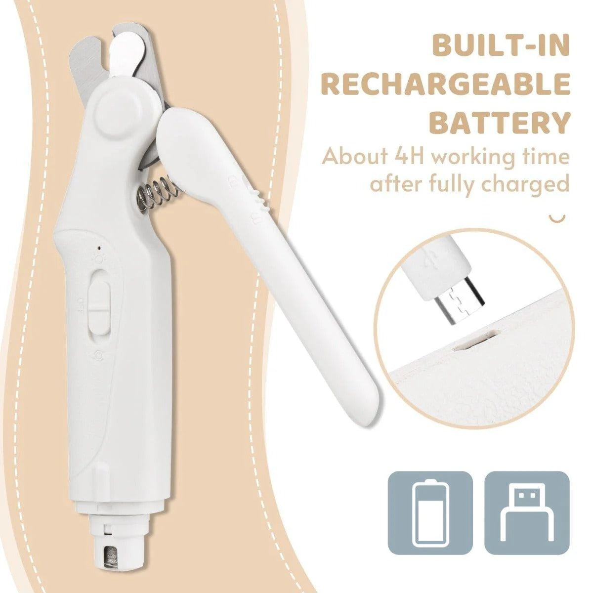 Ultra-Quiet Pet Nail Clipper and Grinder - Low Noise, LED Light, USB Rechargeable