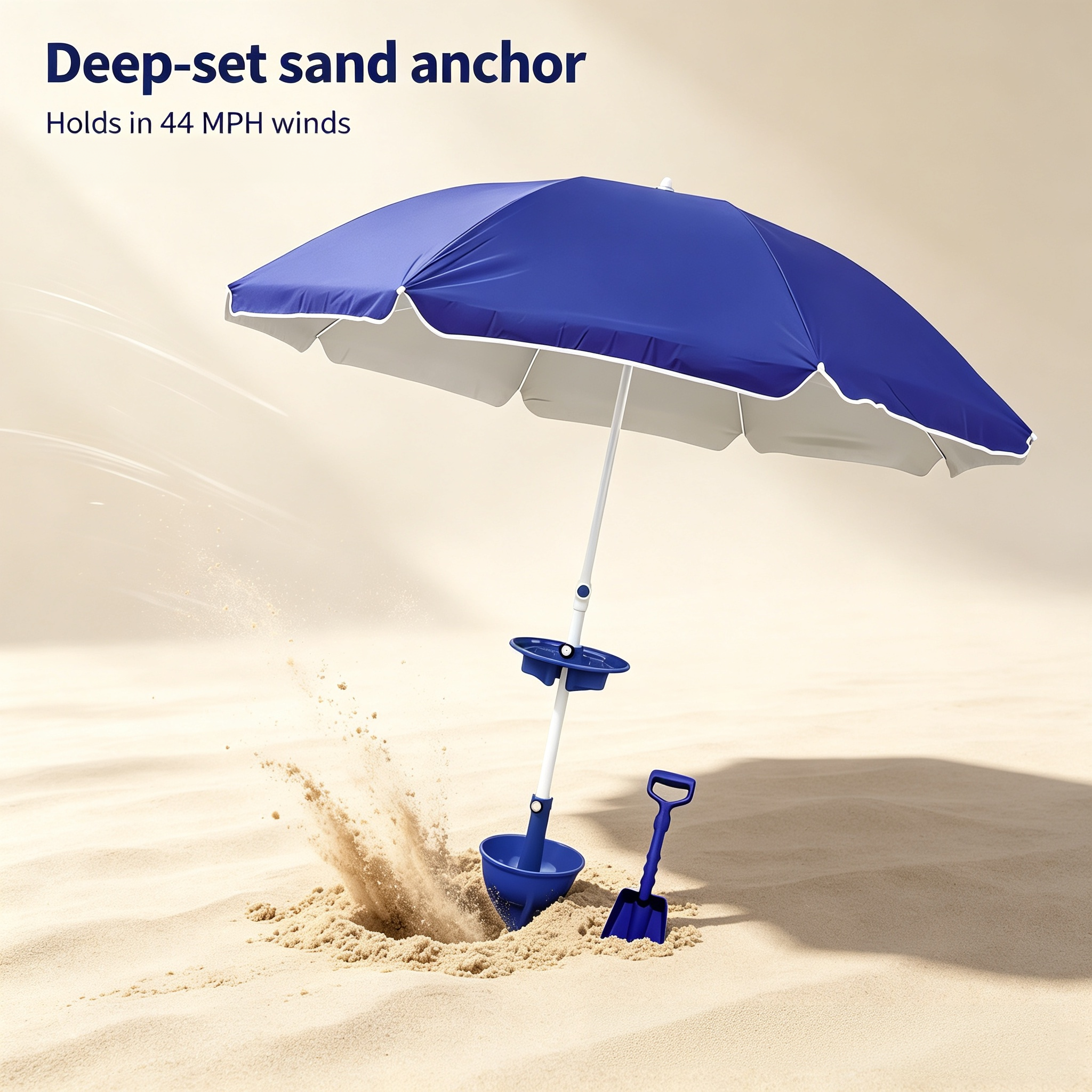Complete Beach Umbrella System – 7ft UPF50+ Canopy, Wind-Tested to 44 MPH, Deep-Set Sand Anchor