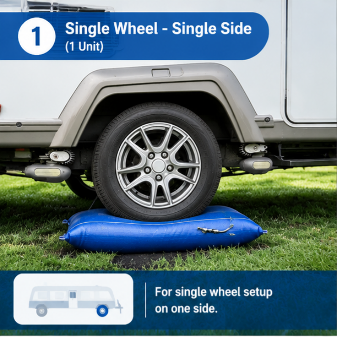 Pneumatic Twin-Axle Caravan Leveler – 6" Lift, Use Any 12V Pump, Folds Flat