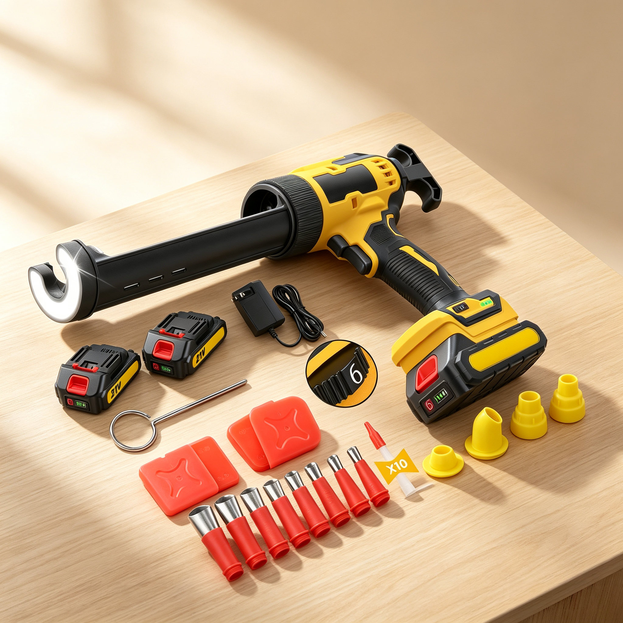 Cordless Electric Caulking Gun – 882 lbs Thrust, 6 Speeds, Dual Batteries, 27-Piece Accessory Kit