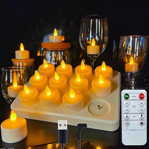 Rechargeable Flickering LED Tea Lights (12-Pack) | Remote Control & Ti