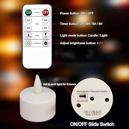 Rechargeable Flickering LED Tea Lights | Remote Control & Timer with Charging Base  (12-Pack)