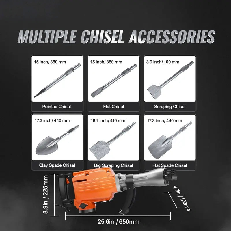 Heavy-Duty Electric Demolition Hammer with Chisel Set