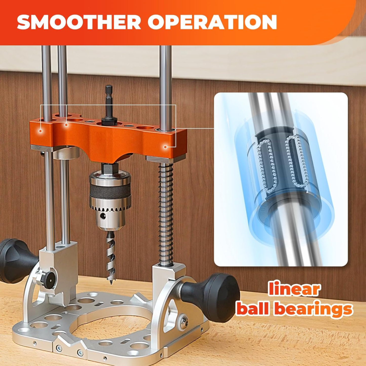Portable drilling guide with bushed ball bearing guide rod