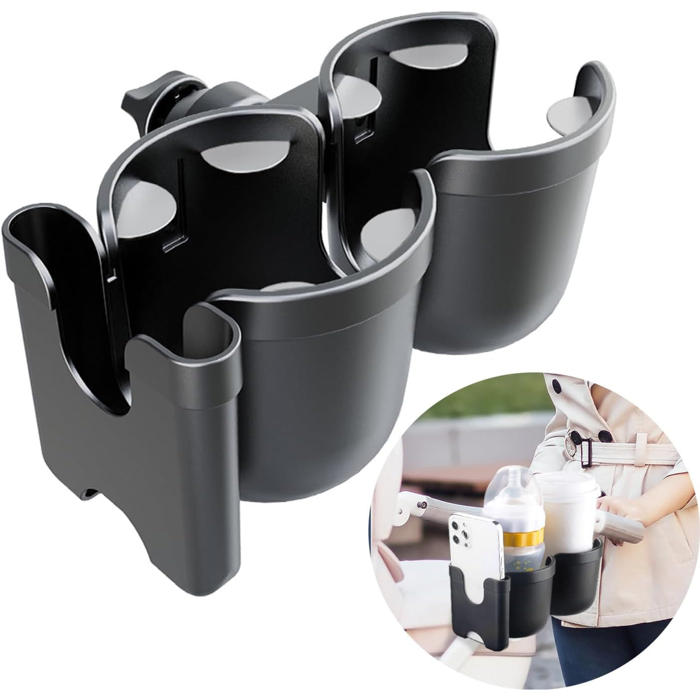 3-in-1 Baby Stroller Cup Holder with Phone Stand – 360° Rotating Drink Holder