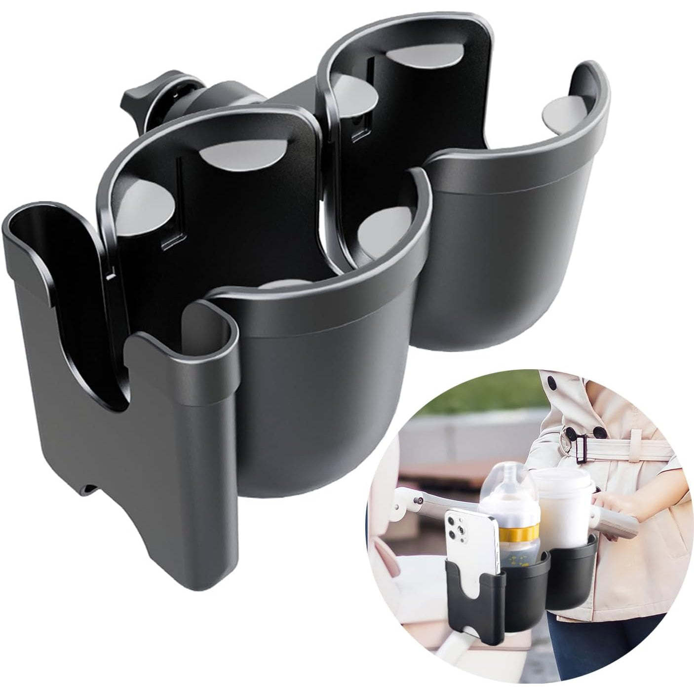 3-in-1 Baby Stroller Cup Holder with Phone Stand – 360° Rotating Drink Holder