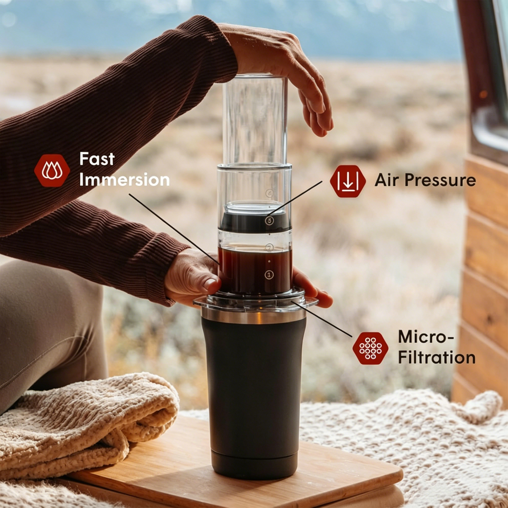 Small Portable Coffee Maker Kit – 3-in-1 French Press, Pour-Over