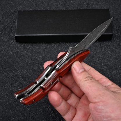 Damascus Steel Folding Knife - Yellow Sandalwood Handle Mechanical Lock Outdoor Camping Survival Knife