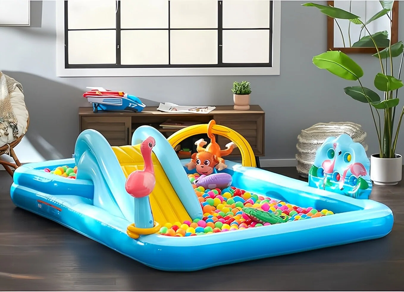 Inflatable Kids Water Play Center — Jungle Splash Pool with Slide & Sprayer