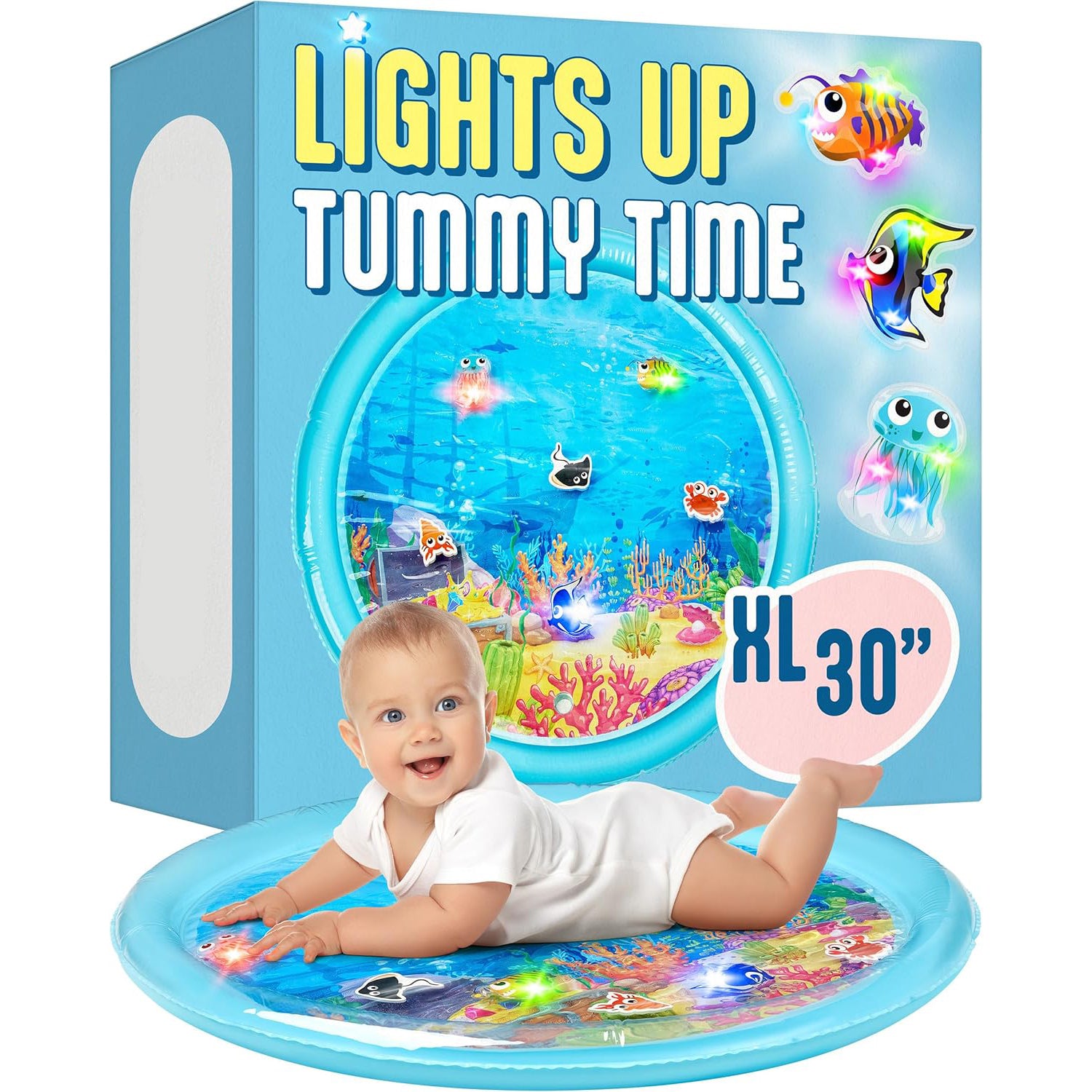 Lights Up Tummy Time Water Mat for Babies – 30 Inch X-Large Baby Water Mat