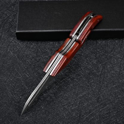 Damascus Steel Folding Knife - Yellow Sandalwood Handle Mechanical Lock Outdoor Camping Survival Knife