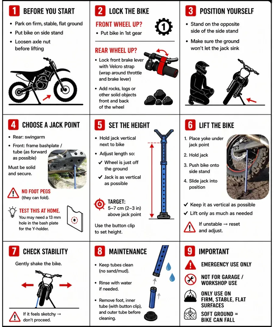 Ultralight Enduro Trail Jack Stand for Motorcycle Adventure Maintenance