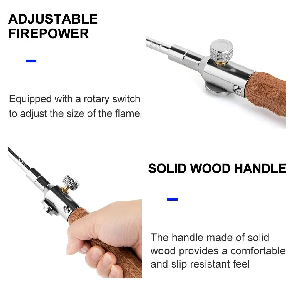 Camping Long Flame Igniter – Portable Wooden Handle Gas Burner for BBQ & Outdoor Cooking
