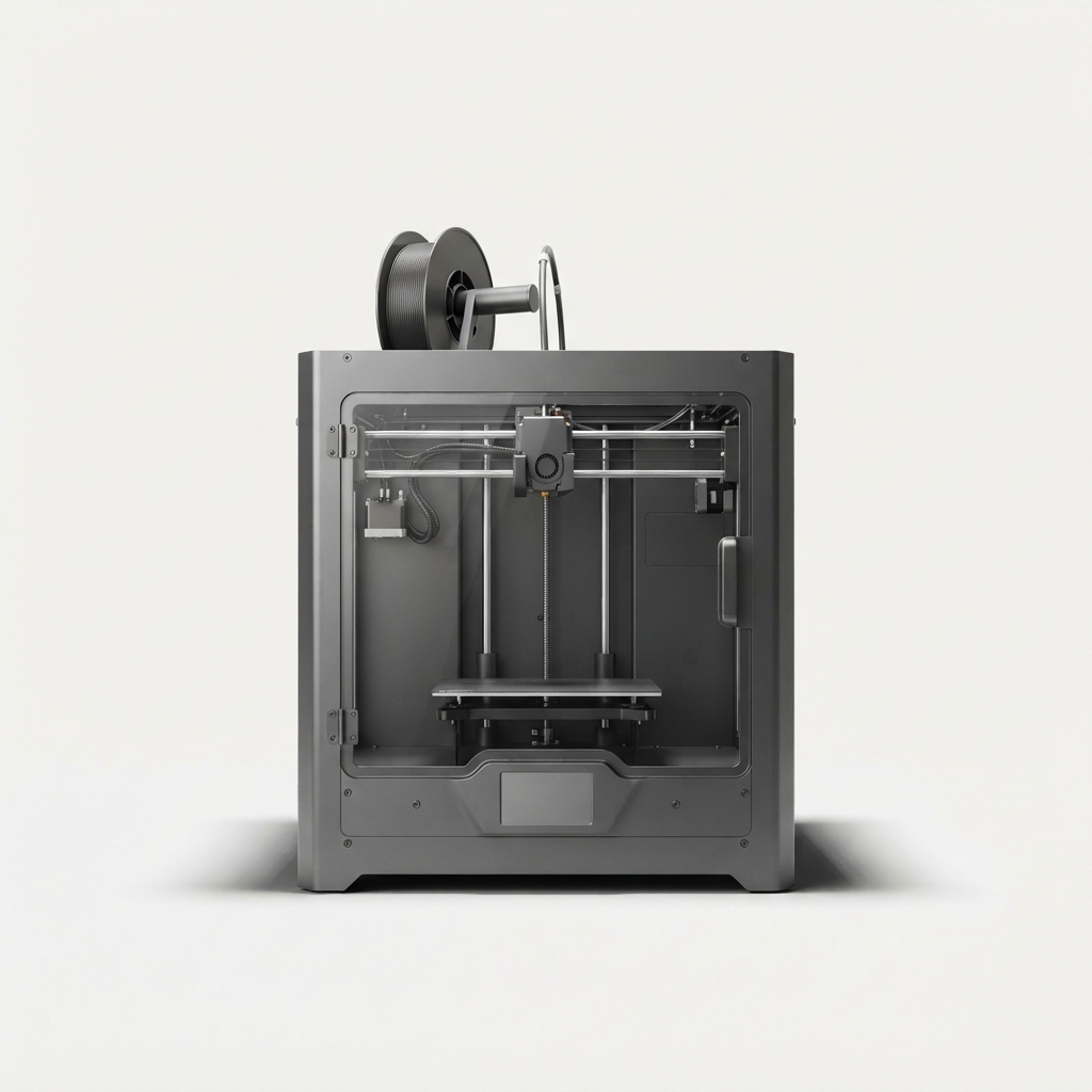 Large-format dark gray 3D printer on seamless background