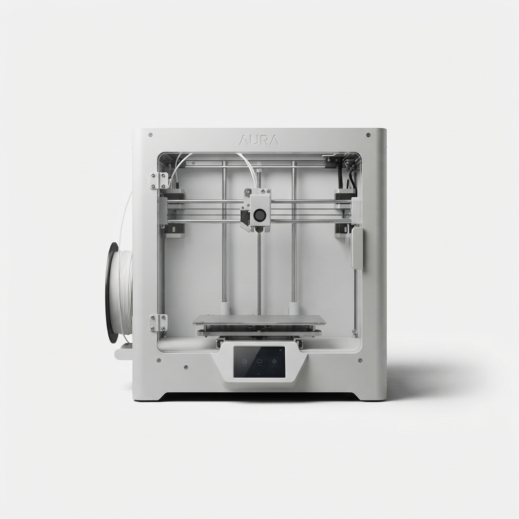 Compact desktop 3D printer in light gray on seamless background