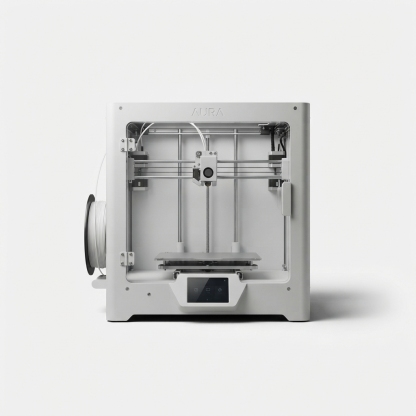 Compact desktop 3D printer in light gray on seamless background