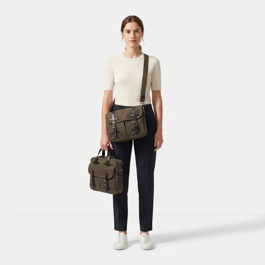 Model wearing dark khaki tablet messenger bag on seamless background