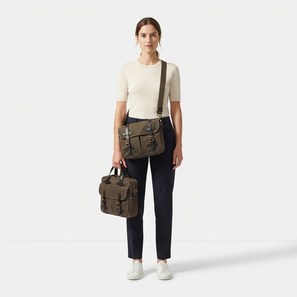 Model wearing dark khaki tablet messenger bag on seamless background