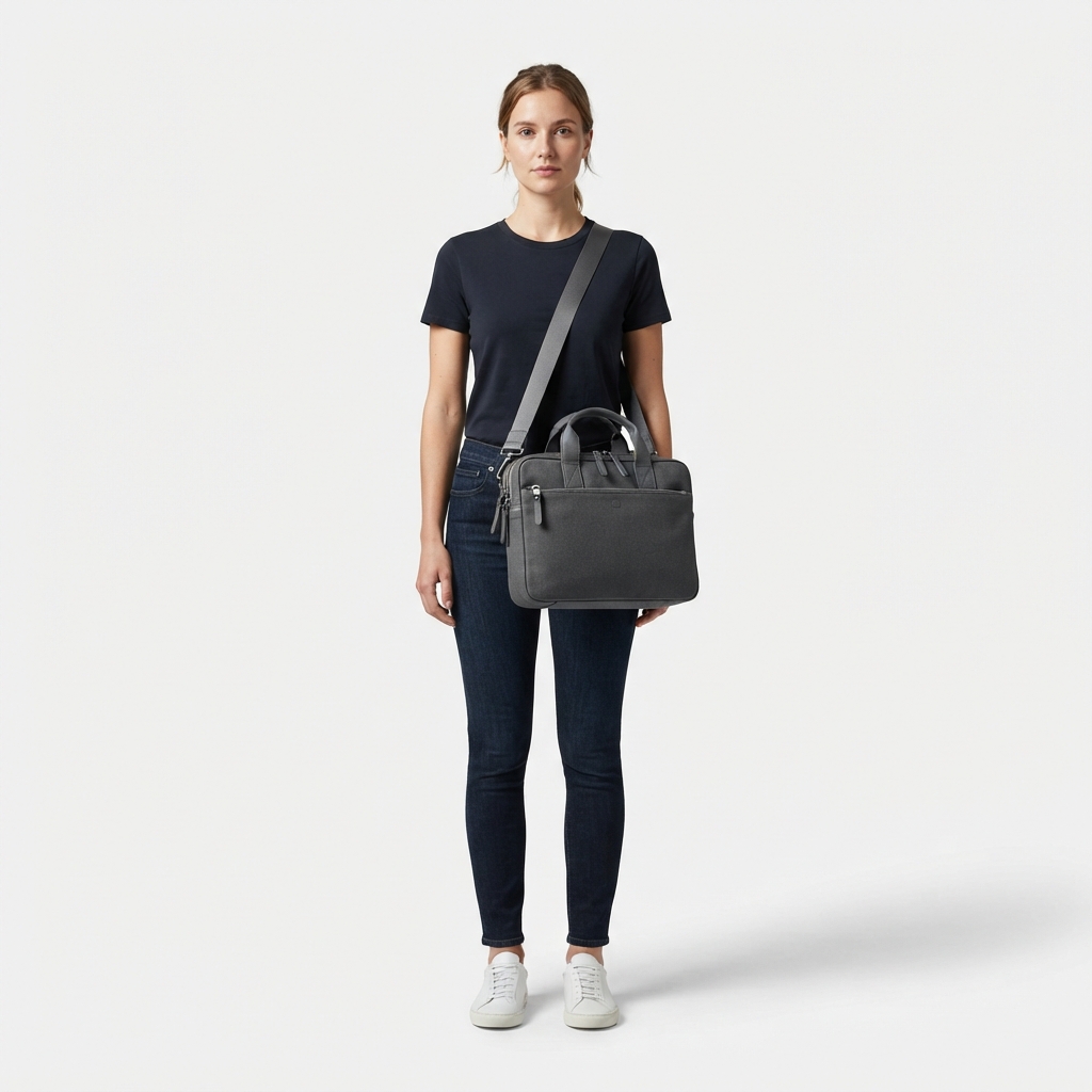 Model wearing gray tablet shoulder bag on seamless background