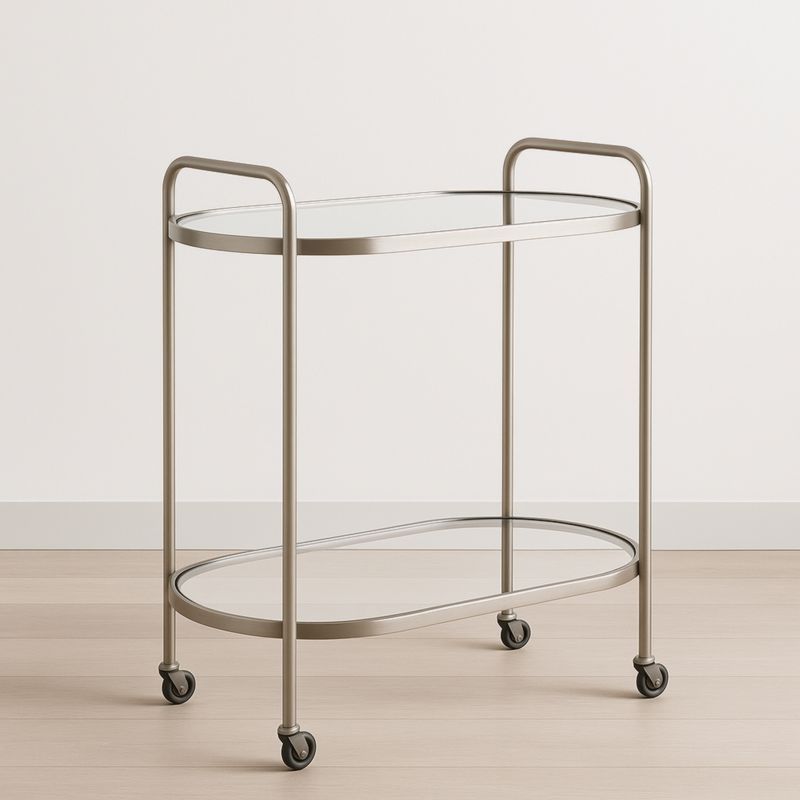 Chariot de service en métal argenté avec étagères en verre