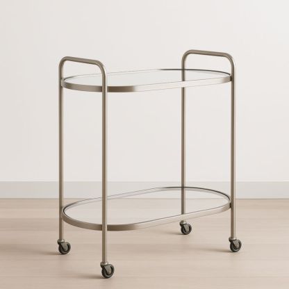 Chariot de service en métal argenté avec étagères en verre