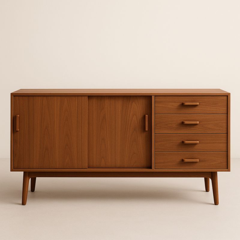 Buffet en Bois Massif avec 4 Tiroirs et 2 Portes Coulissantes Marron