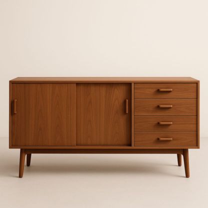 Buffet en Bois Massif avec 4 Tiroirs et 2 Portes Coulissantes Marron