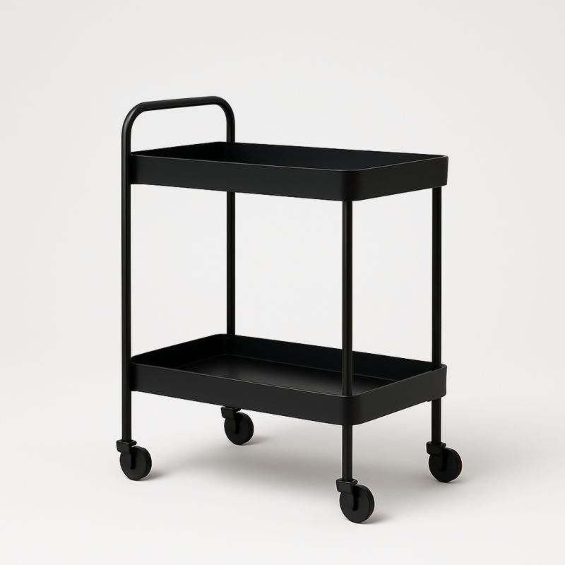 Chariot de Service en Métal Noir à Deux Étagères avec Roulettes