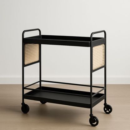 Chariot de Service Noir en Métal et Rotin avec Roulettes 80 cm