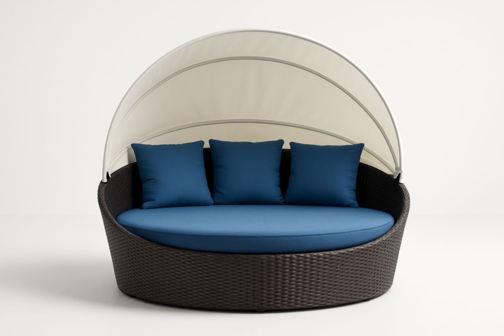 Lettino da Giardino in Rattan con Tettuccio e Cuscini Blu-Lumiresto