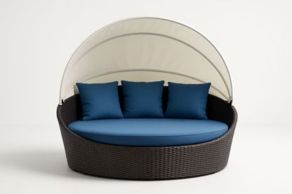 Lettino da Giardino in Rattan con Tettuccio e Cuscini Blu-Lumiresto