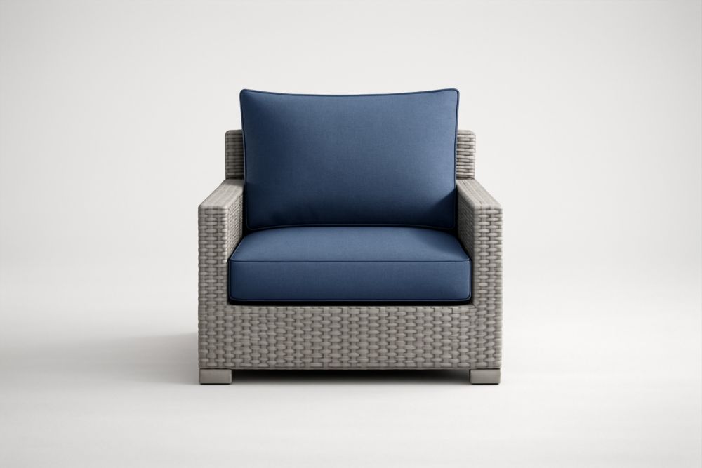 Poltrona club da esterno in rattan sintetico con cuscini in poliestere blu-Lumiresto