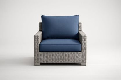 Poltrona club da esterno in rattan sintetico con cuscini in poliestere blu-Lumiresto