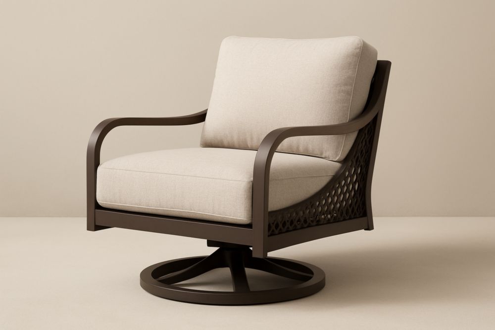 Poltrona club da esterno girevole con struttura in alluminio e cuscini in poliestere beige-Lumiresto