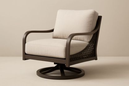 Poltrona club da esterno girevole con struttura in alluminio e cuscini in poliestere beige-Lumiresto