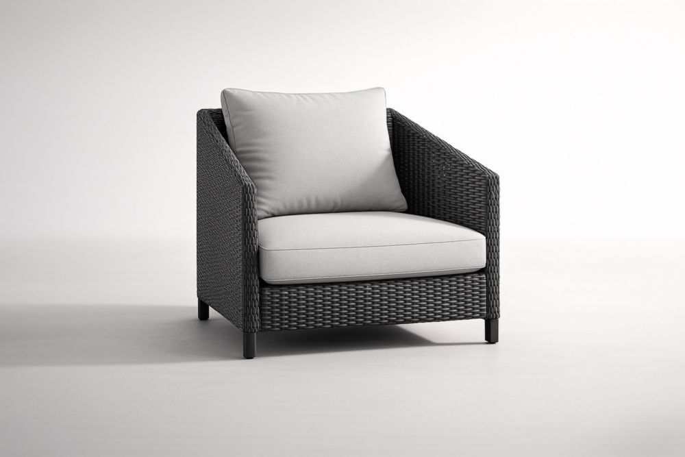 Poltrona club da esterno in rattan sintetico grigio scuro con cuscini imbottiti-Lumiresto