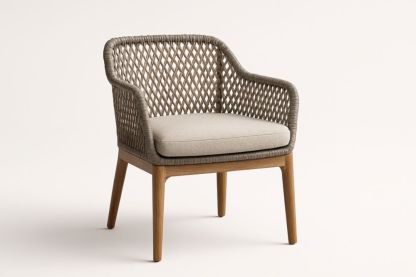 Poltrona club da esterno in rattan con cuscino in poliestere e struttura in legno di teak-Lumiresto